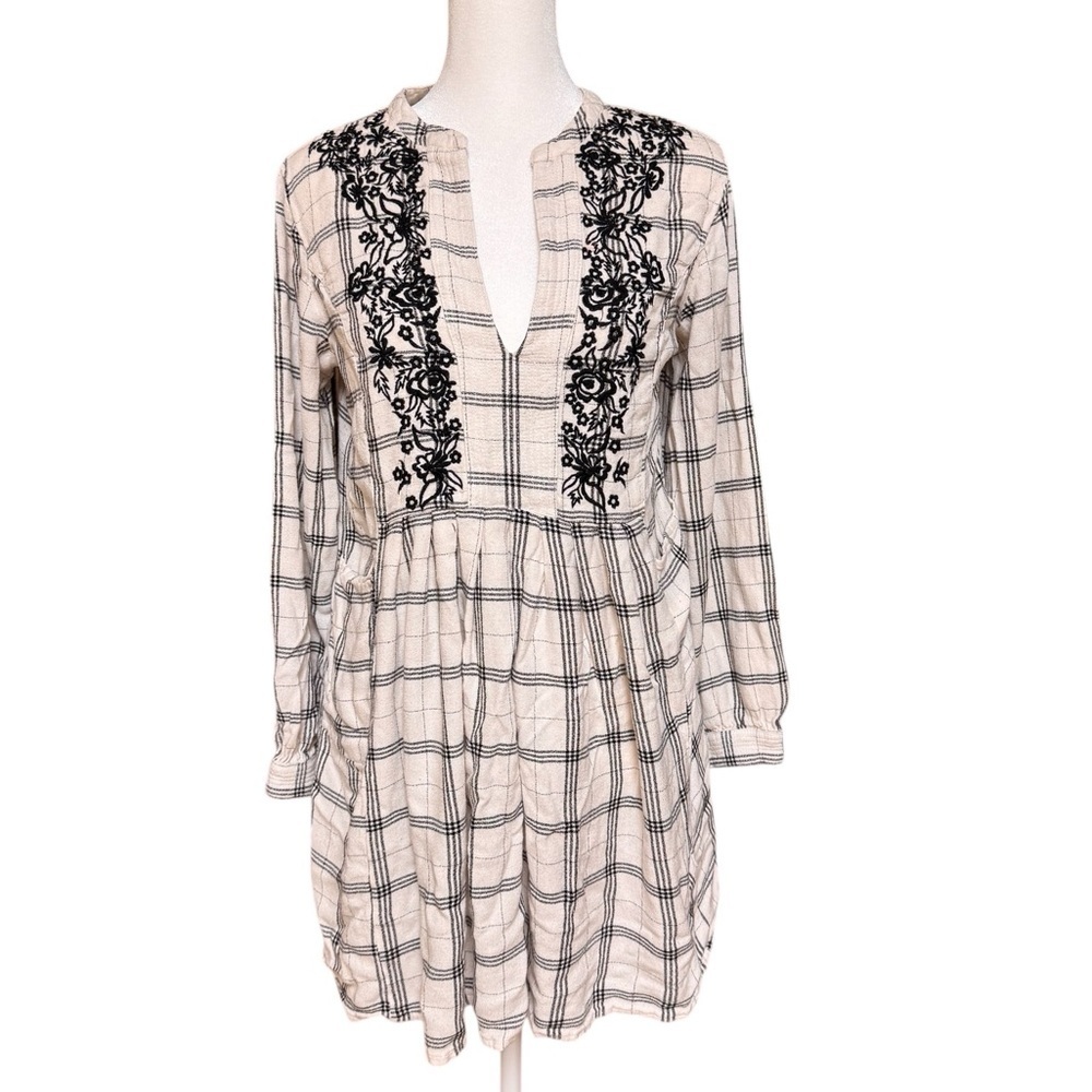 ZARA Plaid Embroidered Babydoll Tunic Dress Size M | Long Sleeve